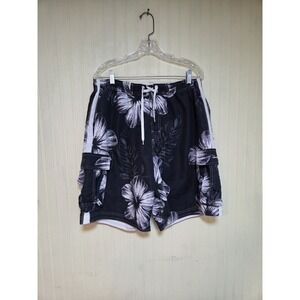 Panama Jack Mens Board Shorts Black White Floral Cargo Swim Trunks Size L